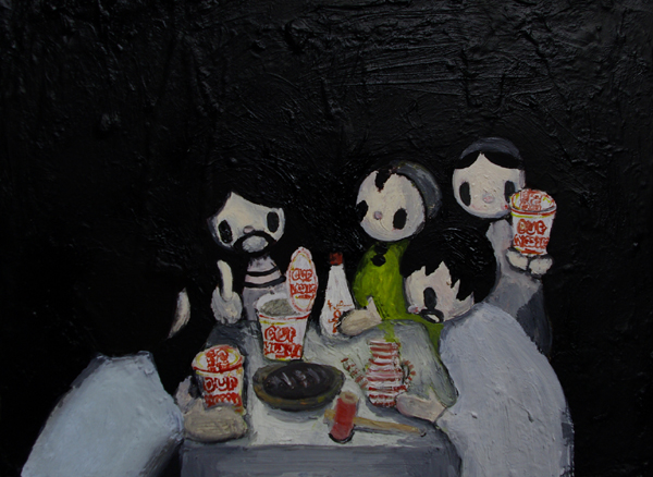 Cena di Emmaus with Cup noodle and Kewpie.  2011 oil on the canvas. 20x15cm